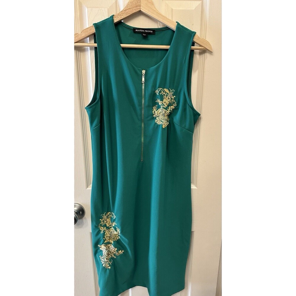 Boston Proper Green Sheath Gold Embroidery Sleeveless Front Zip Size S Small EUC